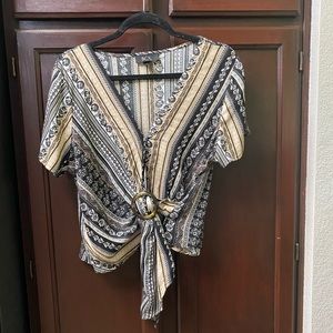 BCX Women’s Juniors Short Sleeve Tie Front Faux Wrap Blouse.